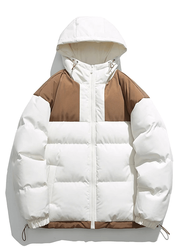 Warm hooded zipper jacket with brown and white patchwork detailing for men, perfect for staying stylish and cozy in winter.